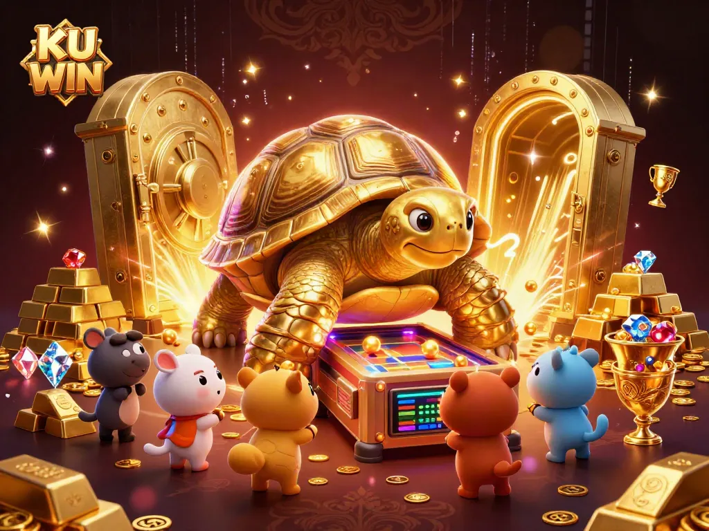 Experience thrilling gameplay at KU WIN featuring a giant golden tortoise pinball machine amidst gleaming treasures.