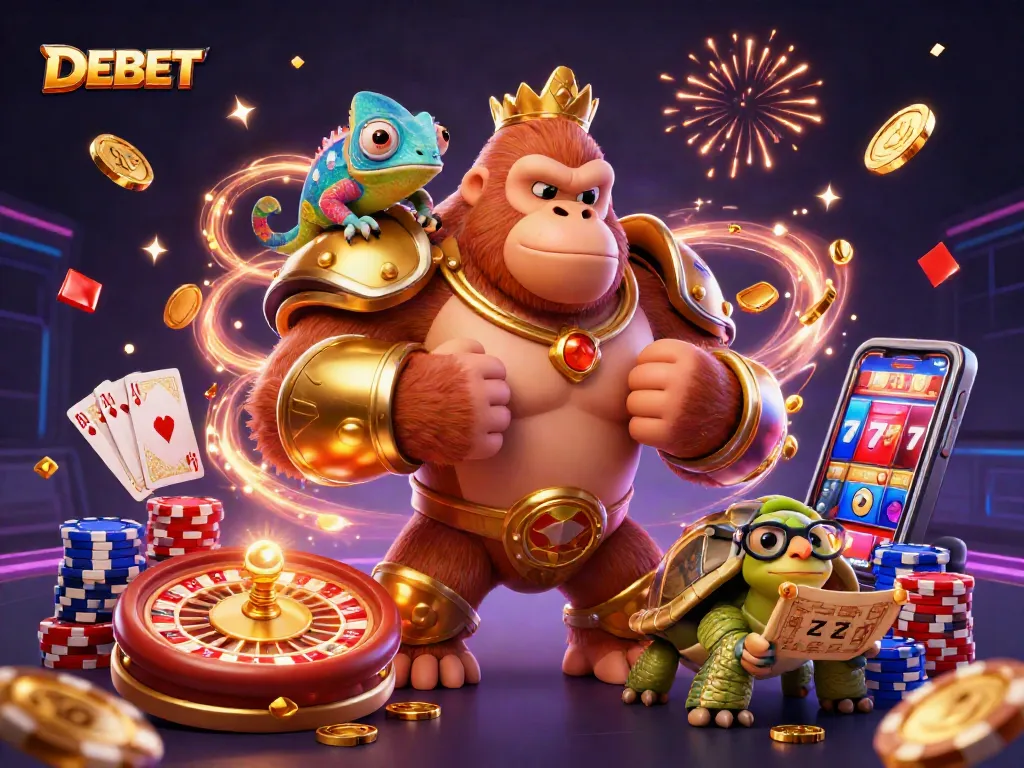 Engage in thrilling betting adventures with DEBET, featuring a gorilla king and chameleon companion.