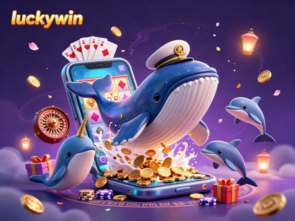 Experience exhilarating gaming with luckywin as a whale breaches through coins, surrounded by slot games and playful dolphins.