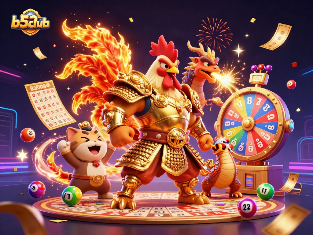 Engage with b52clubb's vibrant 3D illustration showcasing a fierce rooster warrior, dragon hatchling, and festive gambling elements.