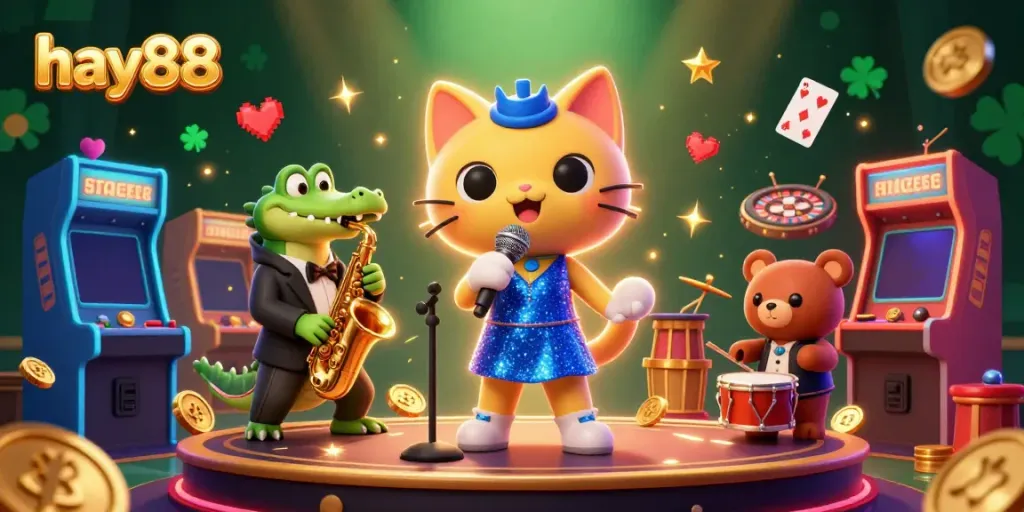 Experience the excitement of hay88 with colorful 3D casino characters performing on stage.