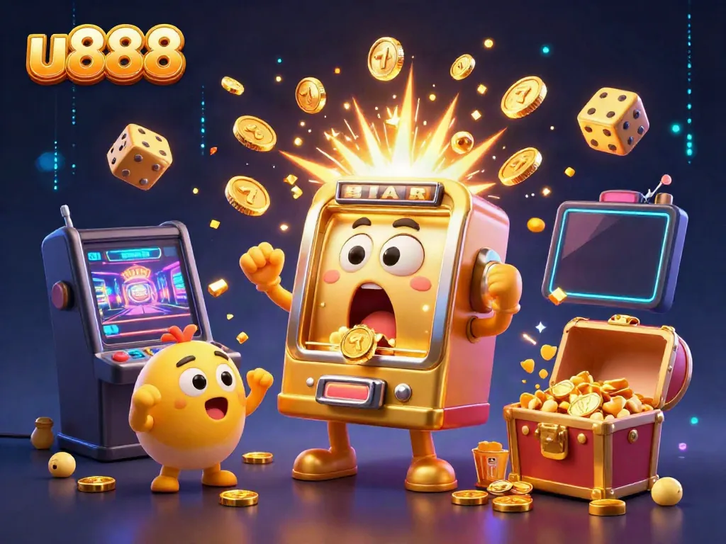Experience the excitement of u888 with a golden slot machine hitting a jackpot, pouring coins in a vibrant casino scene.