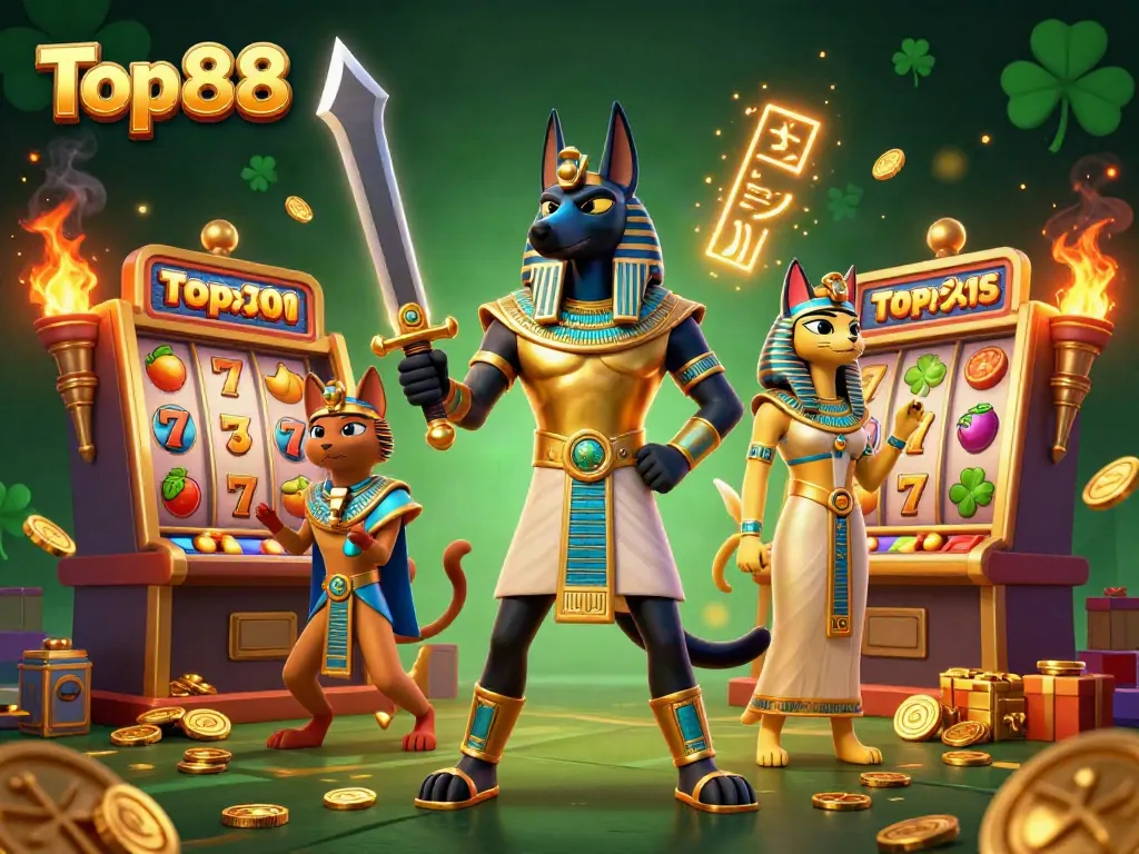 Engage in thrilling gameplay with Top88's lively casino scene featuring Anubis and vibrant slot machines.