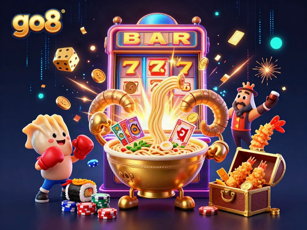 Engage in thrilling gameplay at go8 with a vibrant 3D scene featuring casino-themed characters and elements.