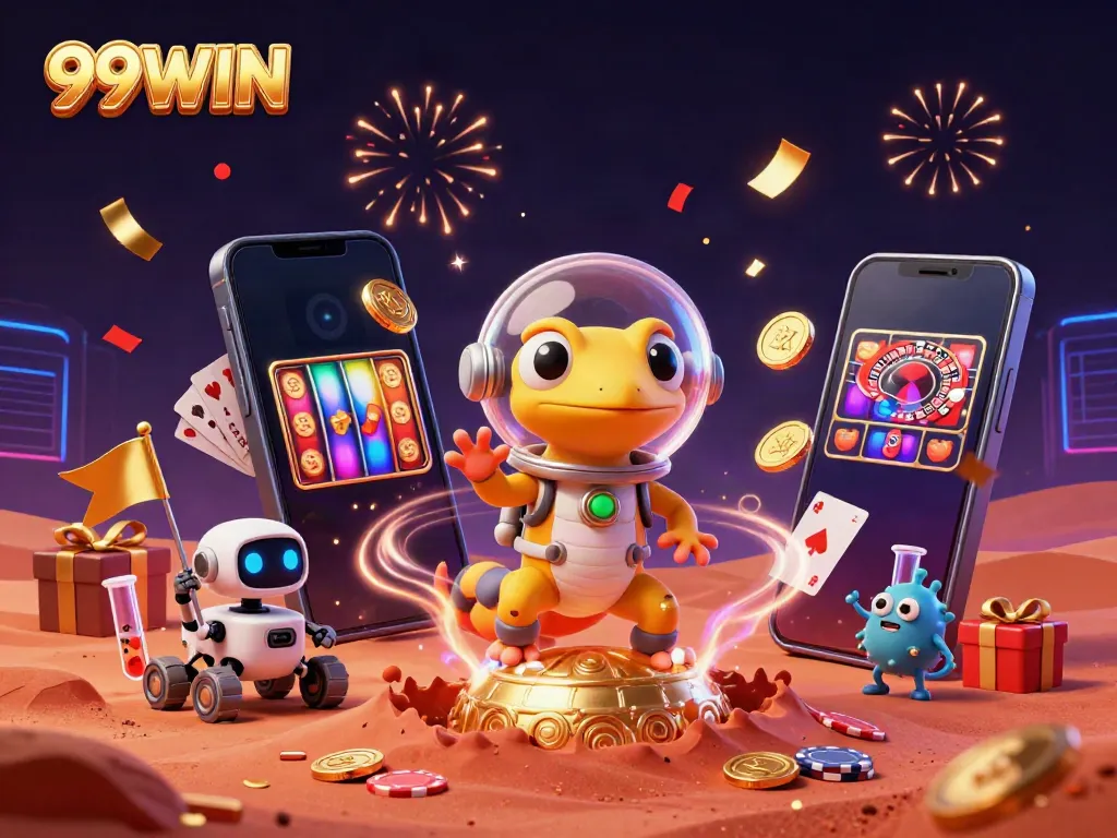 Experience thrilling online gaming with 99WIN as the Martian gecko explores a golden casino.