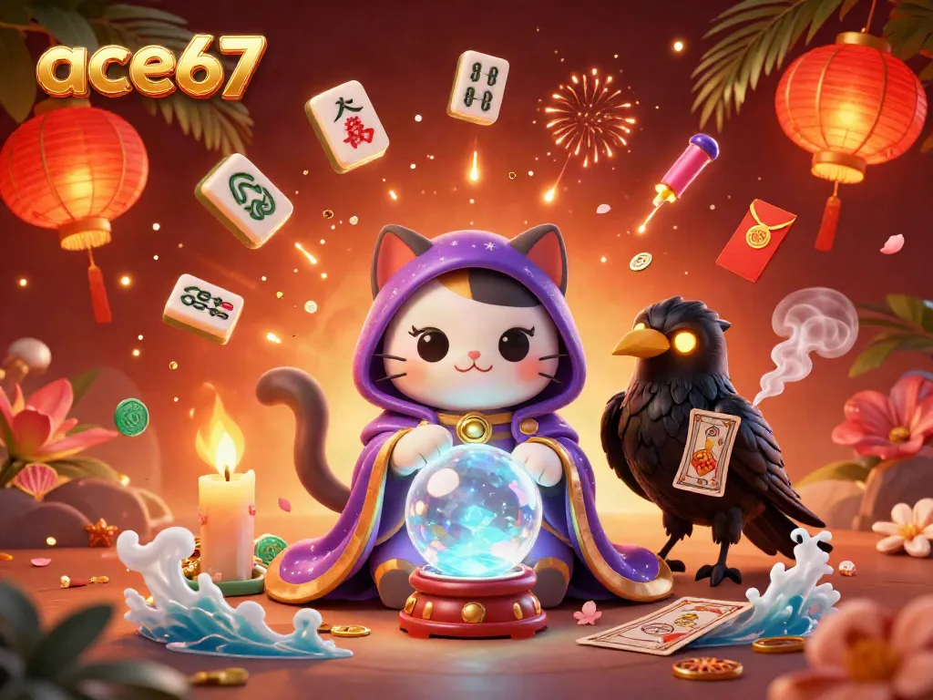 Unveil winning strategies with ace67 in a vibrant casino scene featuring a mystic cat and a tarot raven.