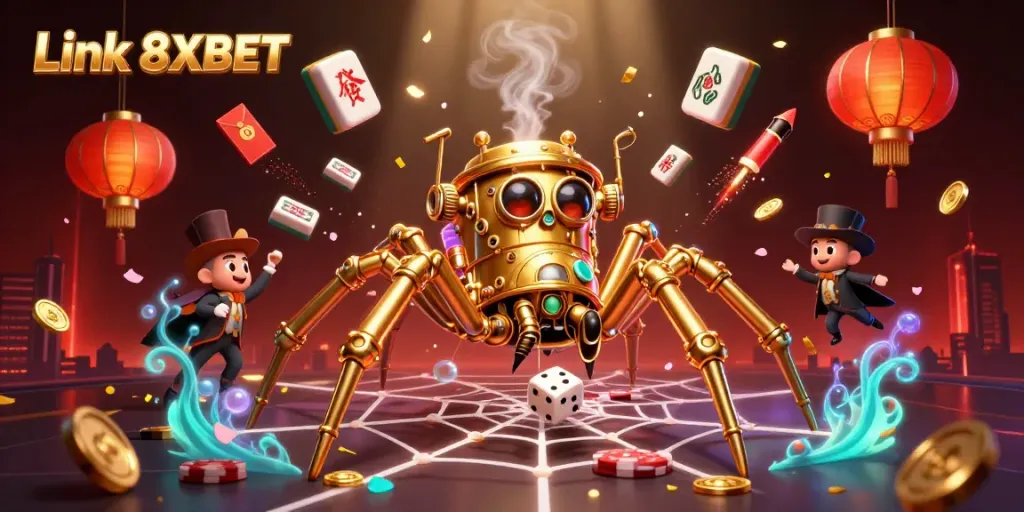 Experience thrilling gameplay and visuals with Link 8XBET represented by a steampunk spider scene in a casino setting.