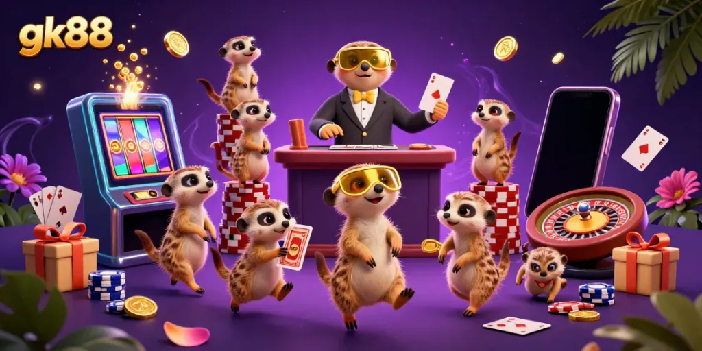 Engaging scene of meerkats in a casino setting with vibrant slot game elements and poker chips, gk88 branding present.