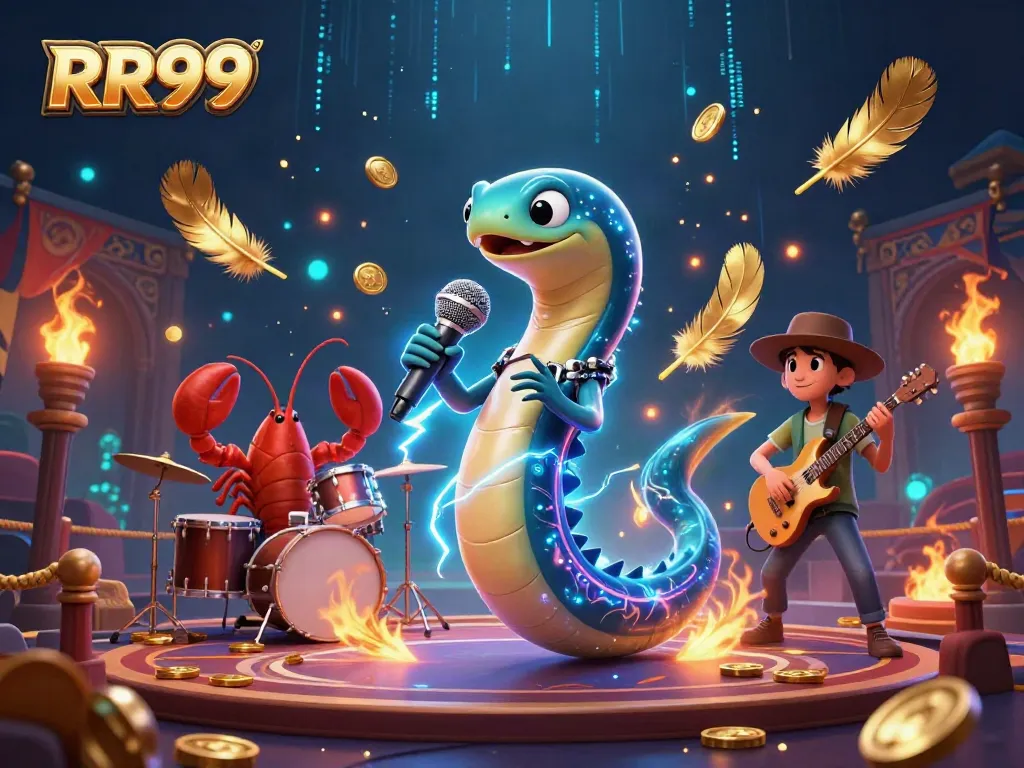 Engage with the vibrant underwater casino scene showcasing RR99 featuring a DJ electric eel, lobster drummer, and seahorse guitarist.