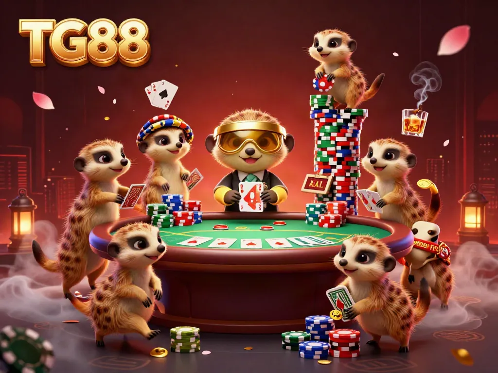 Meerkats joyfully leading a vibrant casino operation with colorful poker chips, showcasing TG88 excitement.