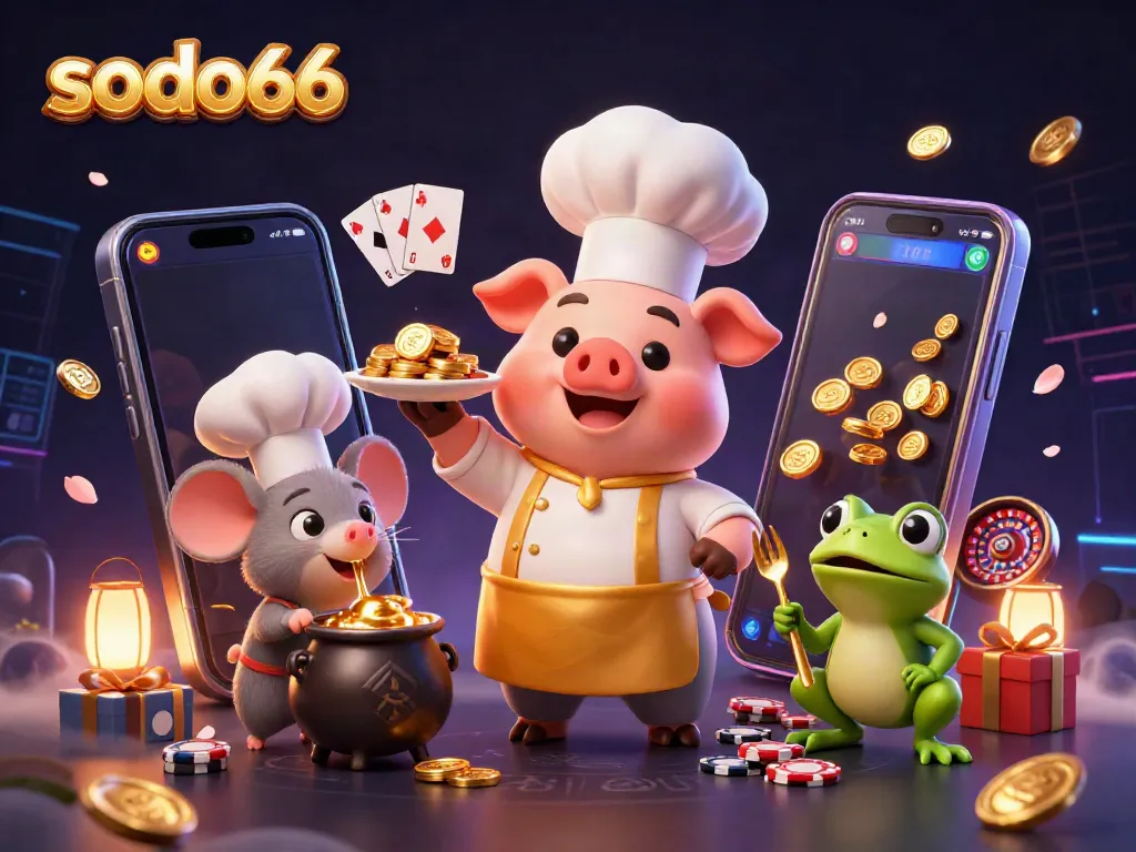 Experience the thrill of SODO66 with vibrant casino characters and interactive gaming elements in a 3D scene.