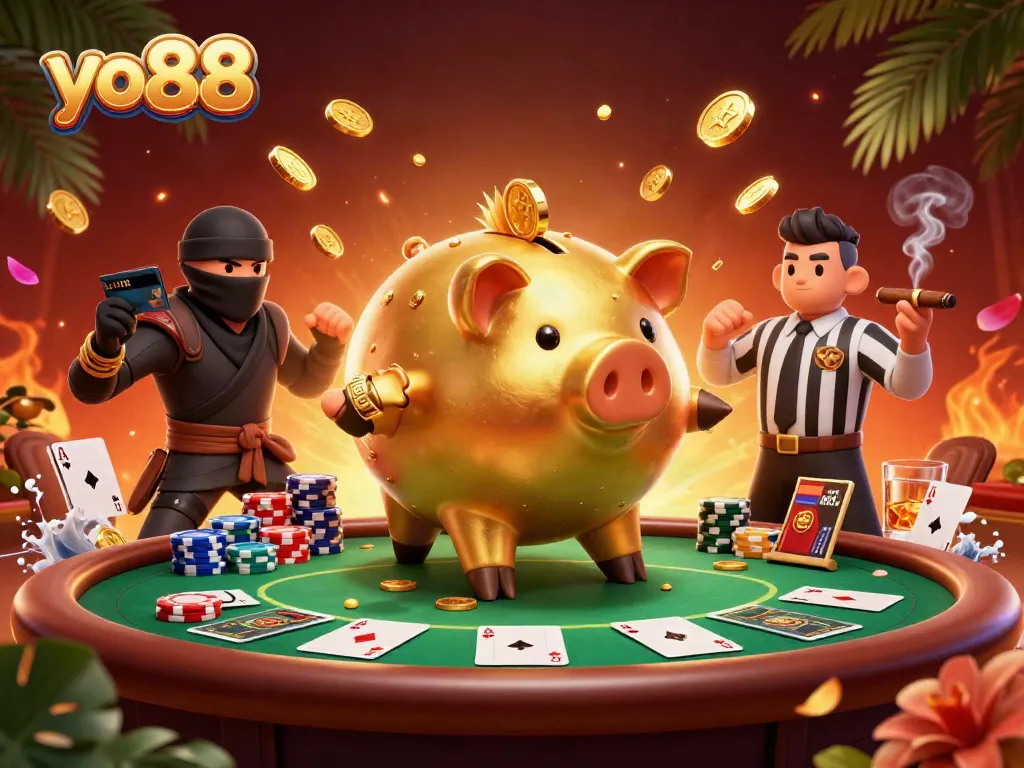 yo88 players enjoy an exciting poker showdown between a golden piggy bank sumo wrestler and ninja opponents.