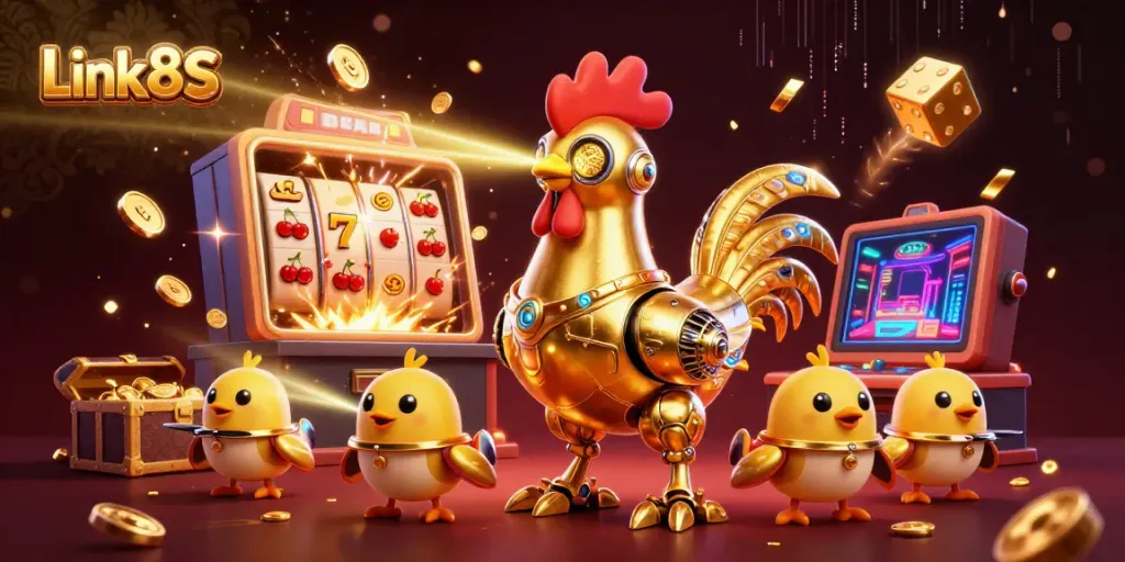 Experience the excitement of Link 8S with a vibrant casino scene featuring a golden rooster robot and treasures galore.
