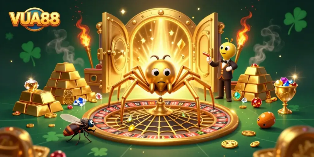 Experience high-stakes betting with VUA88 as a spider spins a roulette web in this vibrant casino scene.