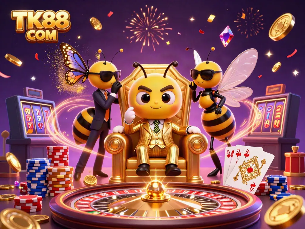 Experience winning thrills at TK88 COM with a bustling casino scene and vibrant 3D characters.