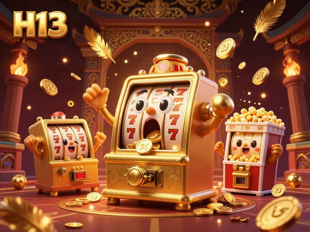 H13 slot machine celebrates a jackpot win amidst a vibrant casino scene filled with gold coins.