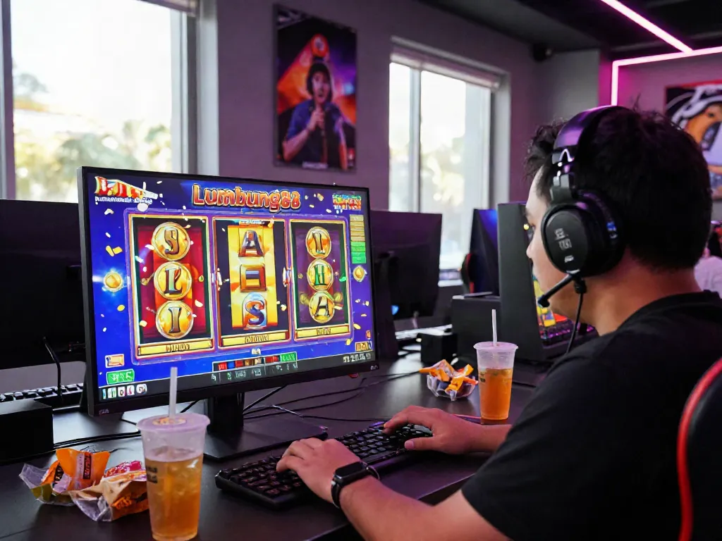 Lumbung88 exciting online gaming experience with vibrant slots and enthusiastic player.
