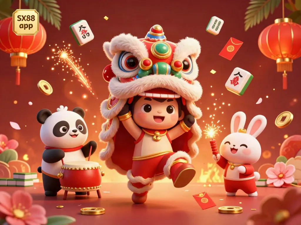 Experience the thrill of the SX88 app with an engaging lion dance and vibrant casino elements.