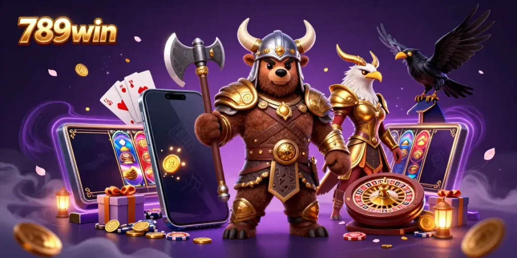 Experience thrilling 789win gaming with a dynamic Viking bear and Valkyrie eagle illustration.