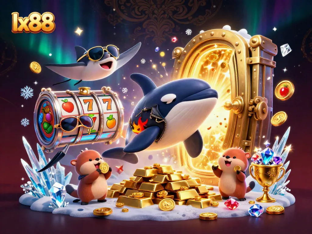 Experience the thrill of lx88 with an orca, stingray, and otters amidst casino slot reels
