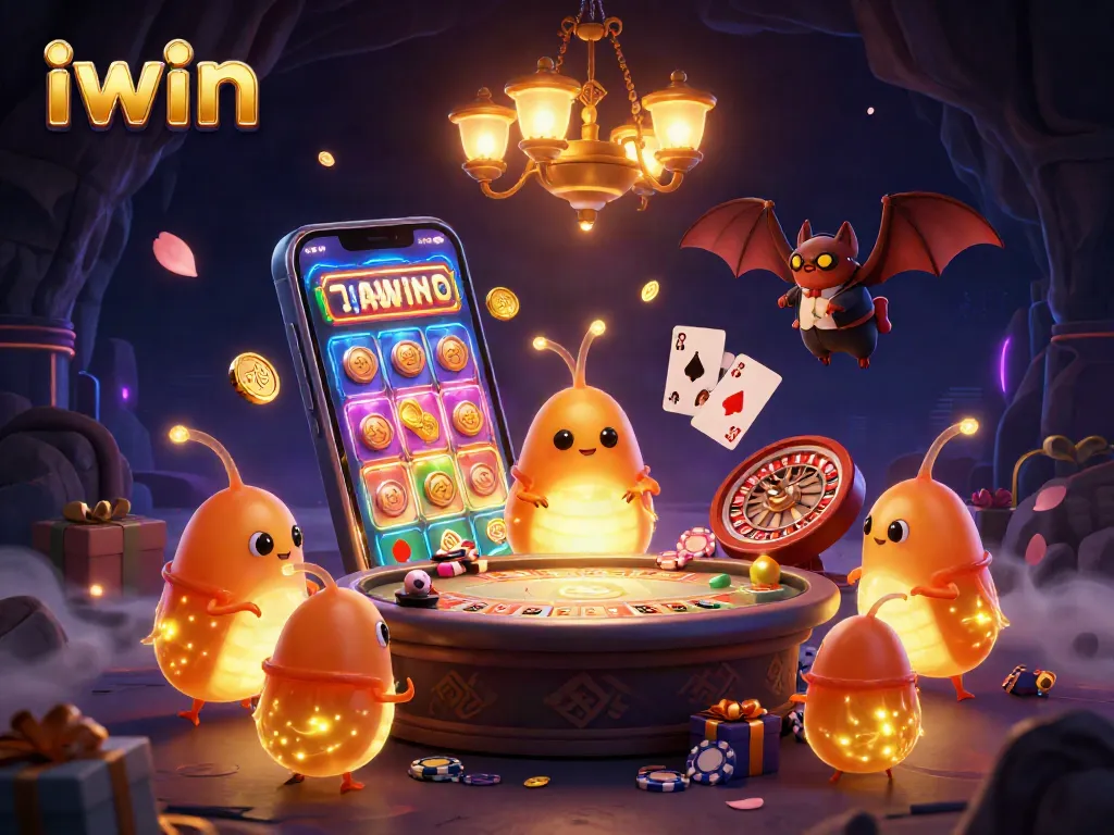 Experience iwin's vibrant cave casino illuminated by glowworms and a bat dealer.