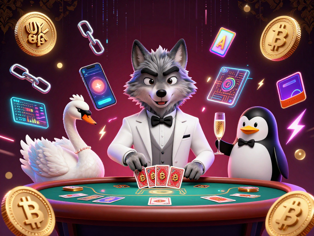 Experience UY88's vibrant casino atmosphere with wolf, swan, and penguin in a dynamic scene.