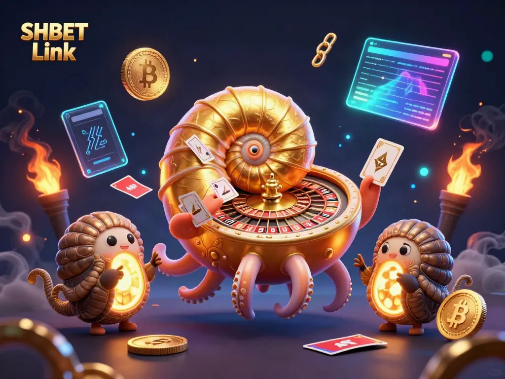 Engage with thrilling gaming experiences at SHBET Link, featuring a vibrant 3D nautilus roulette and glowing elements.