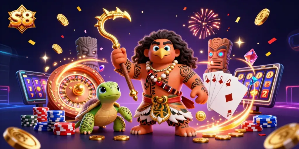 S8 attracts players with vibrant 3D casino-themed characters and dynamic gambling elements.
