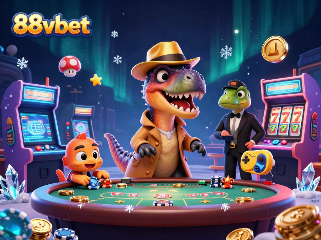 88vbet shows a velociraptor card counter at a blackjack table in a dynamic casino scene.