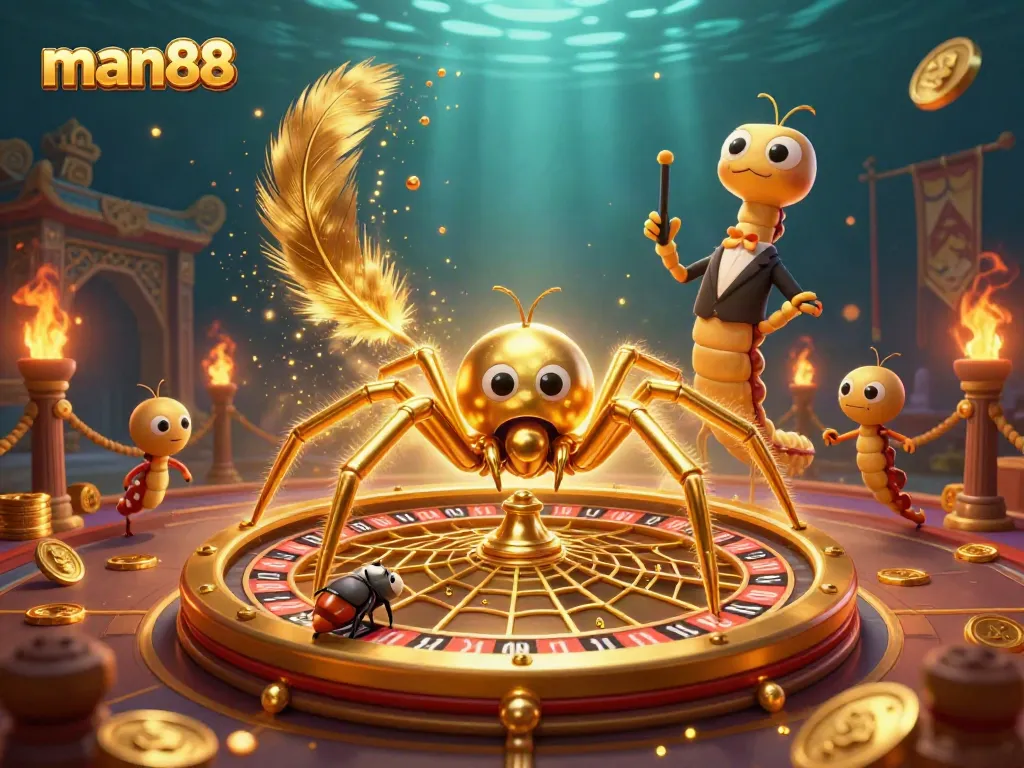 Experience thrilling bets at man88 with dynamic roulette games featuring golden web elements and vibrant casino themes.