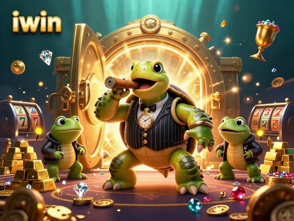 iwin showcases thrilling casino excitement with a bustling scene of characters, treasures, and slot reels.