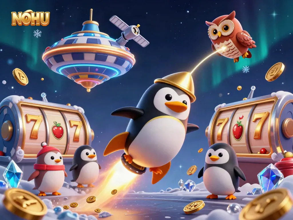 Join the excitement at NOHU with a golden penguin racing toward a casino jackpot!
