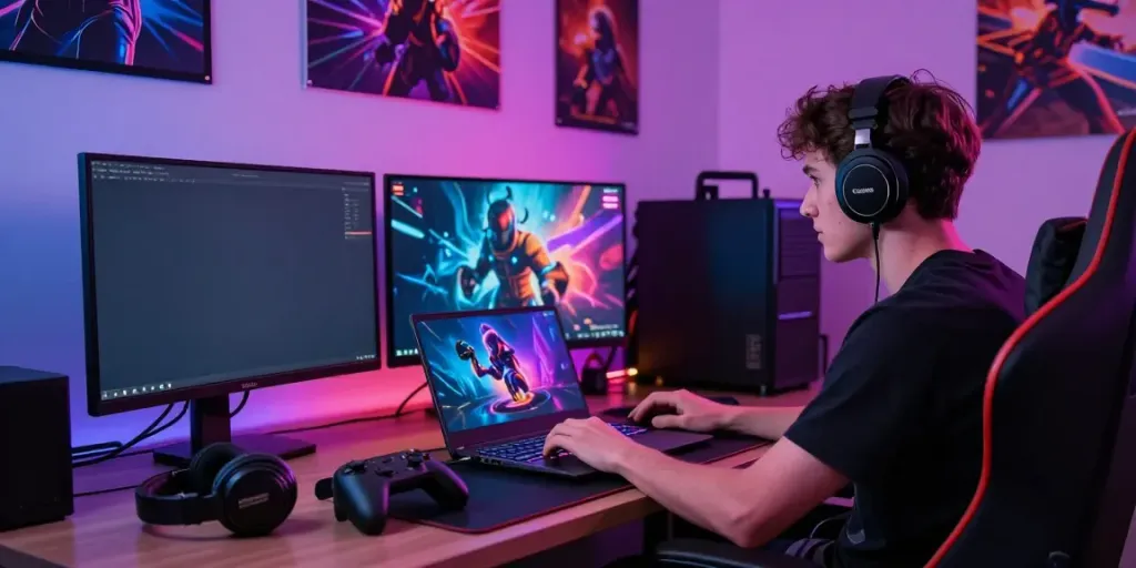 Exciting online gaming experience with da88 platform on a laptop in a stylish gaming room.