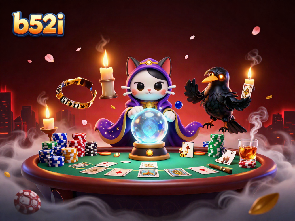 Engage with the enchanting b52i world featuring a fortune teller cat and poker elements.