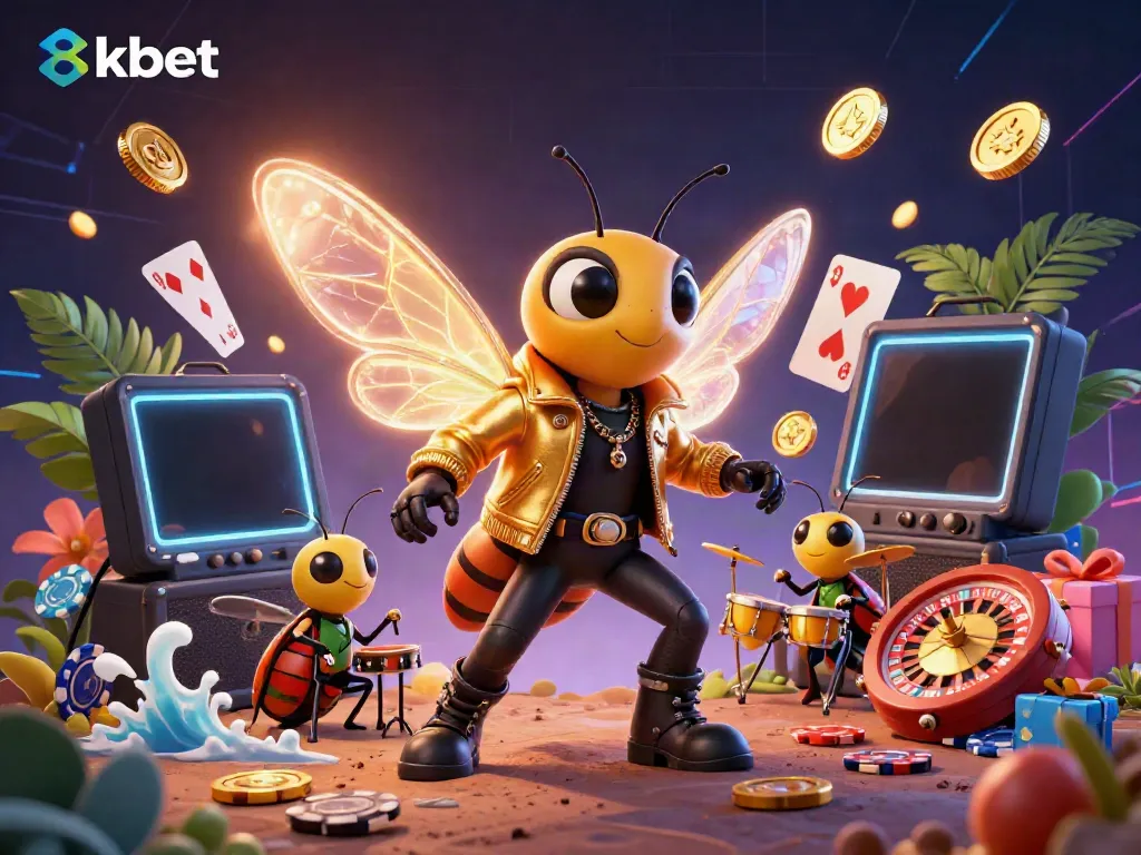 Engage with the vibrant 8kbet gaming scene, featuring a rock star cicada and dynamic casino elements.