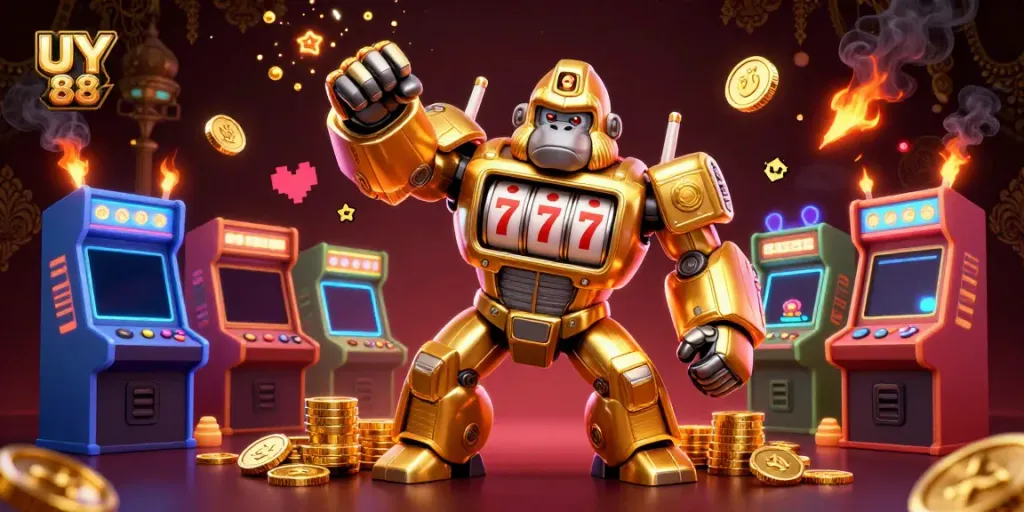 Engage with the UY 88 casino world featuring a dynamic golden gorilla mech and arcade game elements.