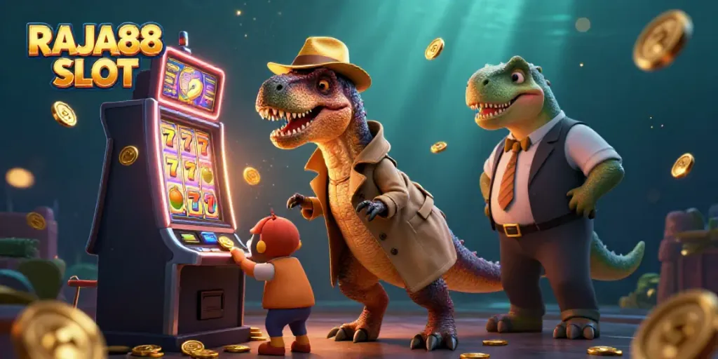 Experience thrilling wins with RAJA88 SLOT as cartoon dinosaurs interact at the slot machine.