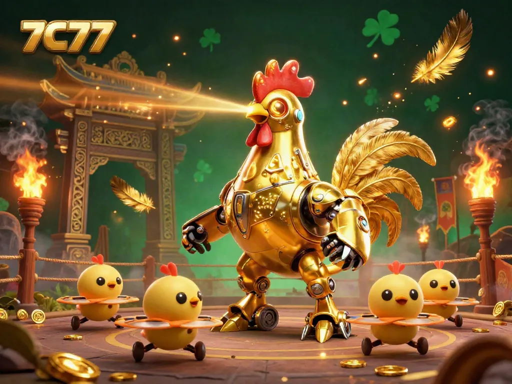Experience 7C77 gameplay excitement with a dynamic 3D scene featuring a golden rooster robot and baby chick drones.