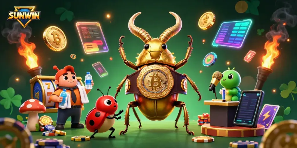 Engage with the thrilling SUNWIN casino environment illustrated with vibrant elements like glowing slot reels and cryptocurrencies.