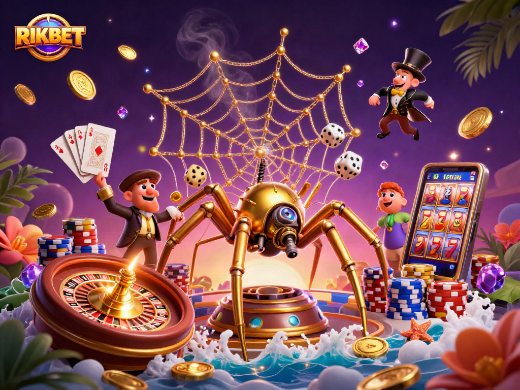 RIKBET's thrilling adventure scene with a steampunk spider catching dice amidst vibrant casino elements.