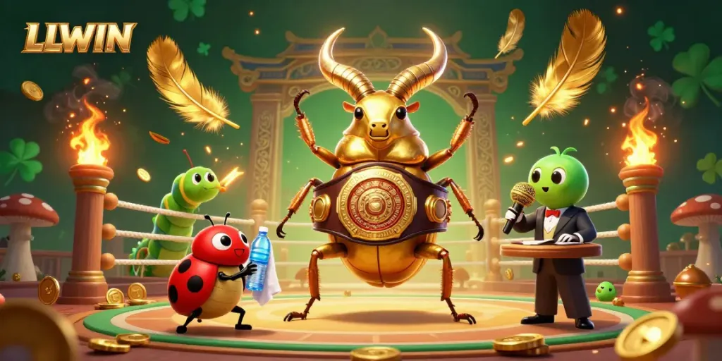 Experience exhilarating betting action at LLWIN with a golden stag beetle sports champion, ladybug corner-man, and a caterpillar announcer.