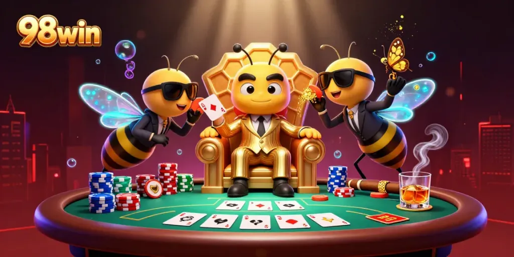 Experience the thrill of gambling with 98win in a vibrant scene featuring a cartoon bumblebee mob boss and poker elements.