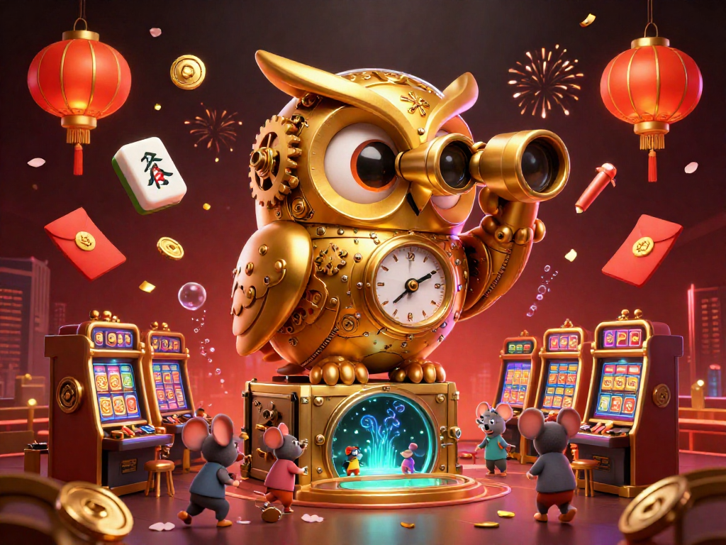Experience the excitement of ric88 with a dynamic casino scene featuring a golden owl and slot machines.