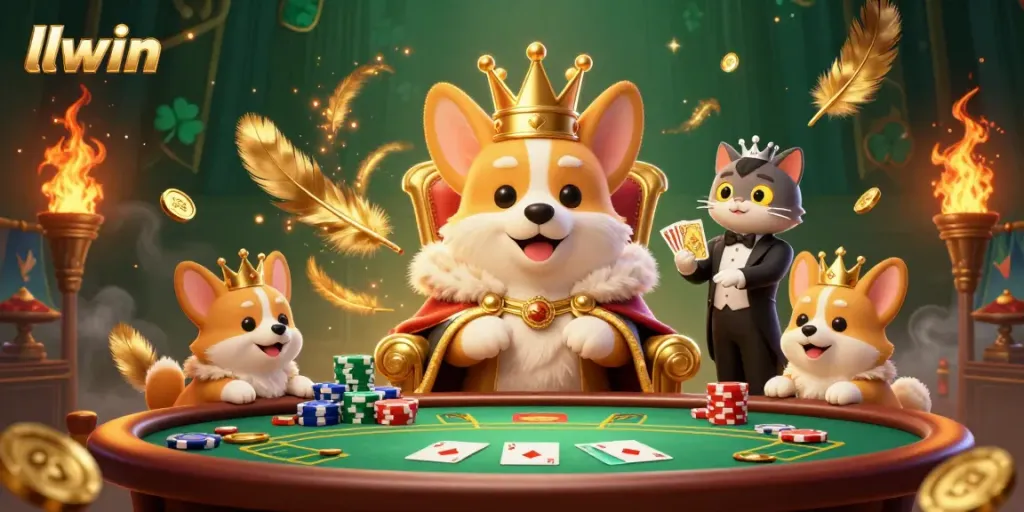 Join the action at llwin with a royal corgi on a throne of poker chips surrounded by vibrant gaming elements.