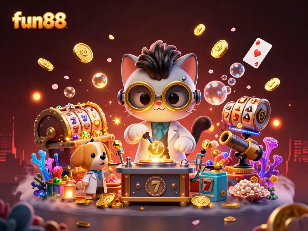 Engage with fun88's exciting gaming scene featuring a mad scientist cat and loyal dog amidst dynamic casino elements.