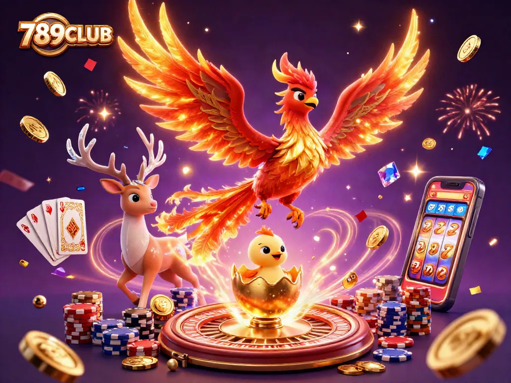 Experience thrilling wins at 789CLUB with a vibrant phoenix and dynamic casino elements.