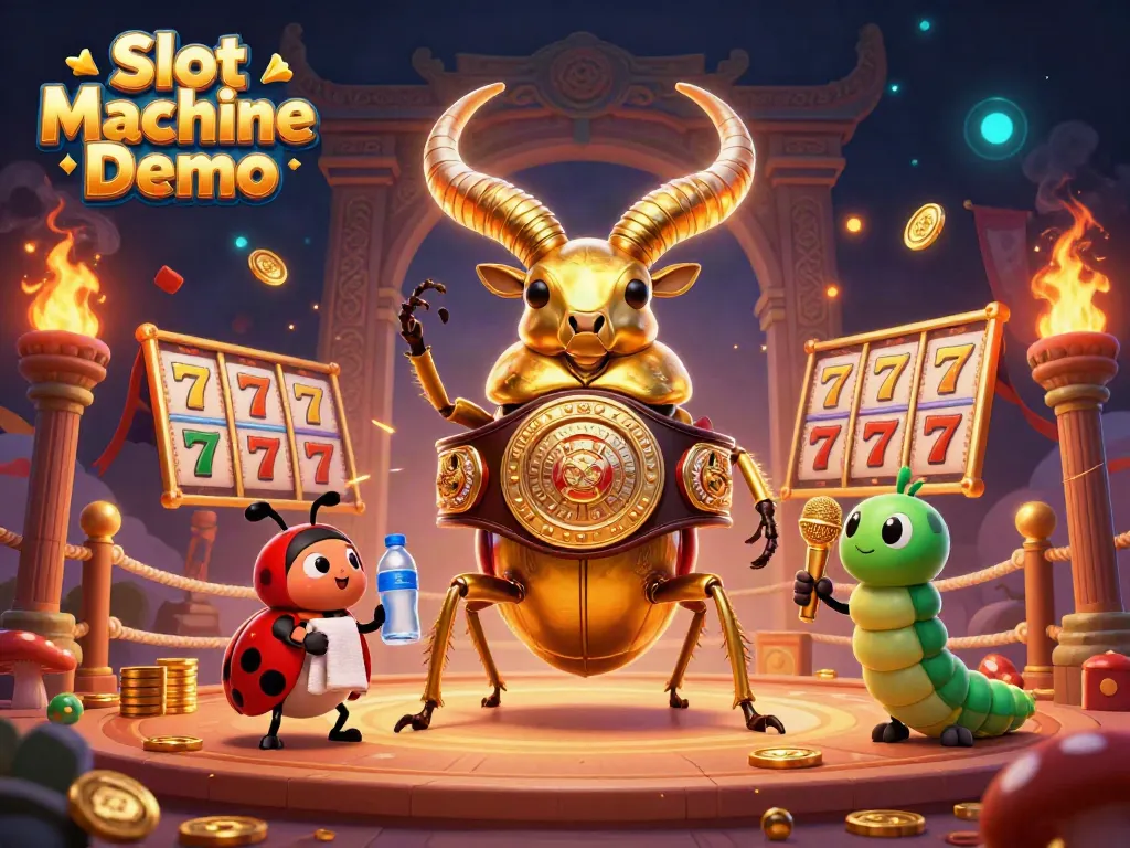 Engage with the Slot Machine Demo featuring a giant stag beetle champion amidst dynamic casino elements.