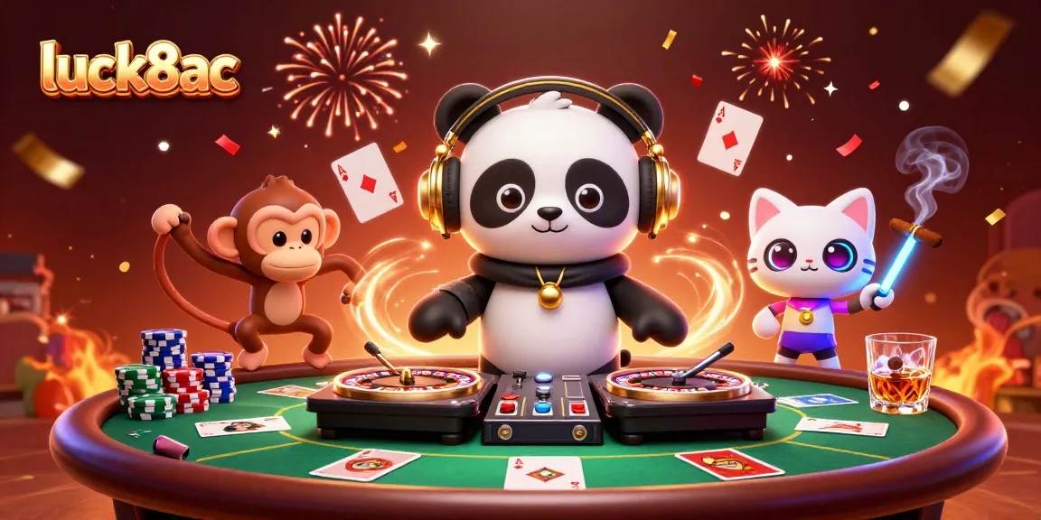 Experience the excitement of luck8ac with a vibrant casino scene featuring a DJ panda, monkey dancer, and kitten in rave gear.