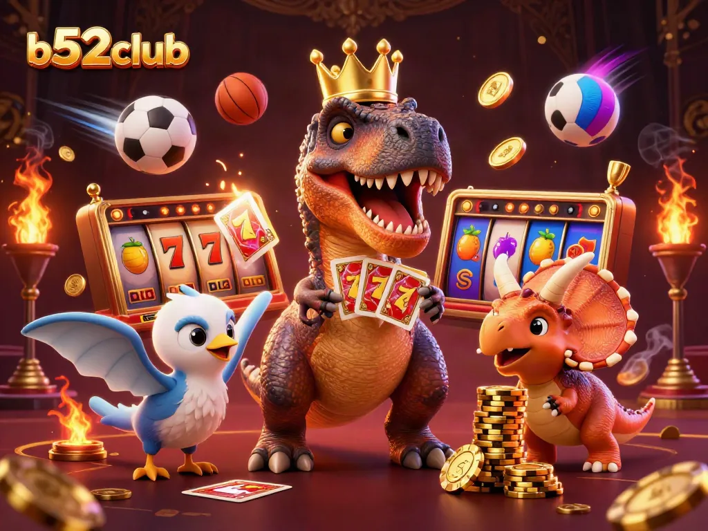 B52club brings joy with a T-Rex shuffling cards amongst vibrant slot elements and cheerful characters.