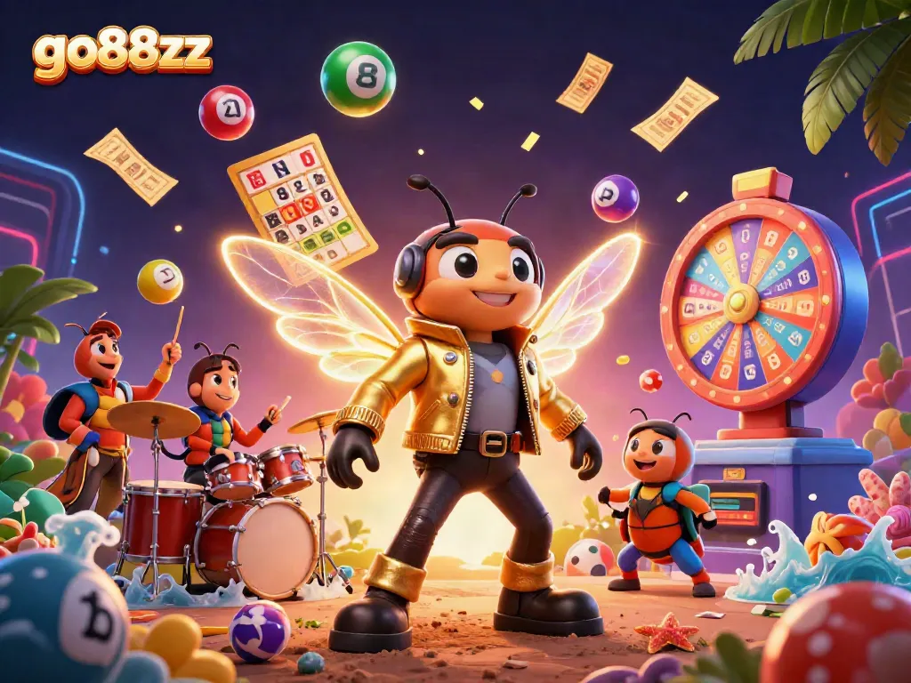 Experience the thrill of go88xz with a vibrant 3D casino illustration featuring a rock star cicada.